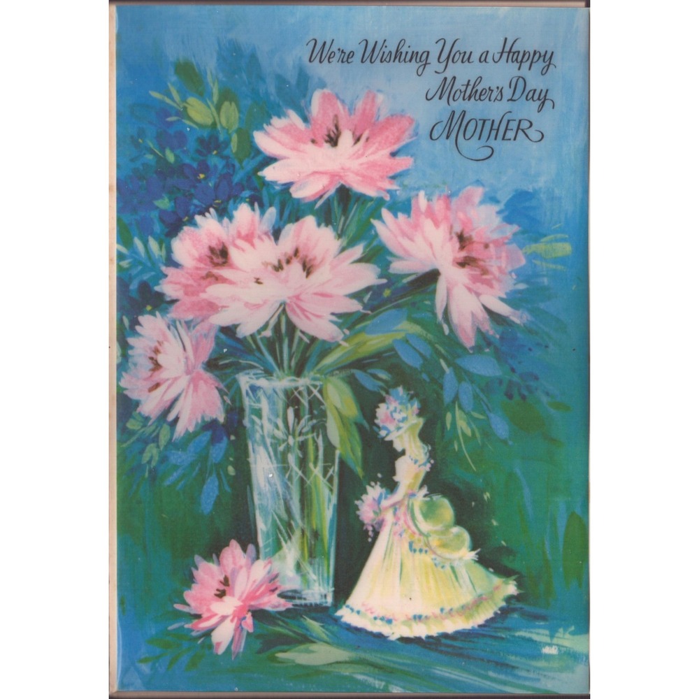 Vintage 1960s Rust Craft Mother's Day Card Pink Flowers Figurine Used 1969